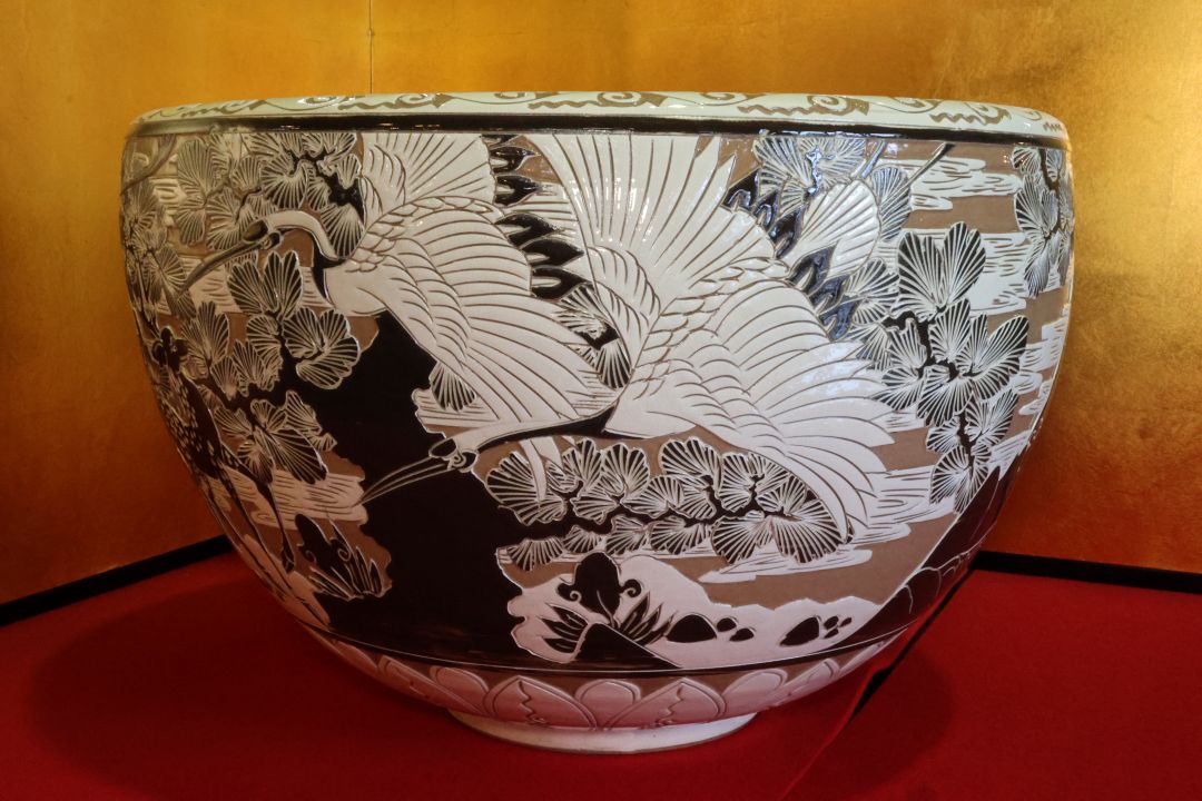 福岡骨董品・睡蓮鉢・亀 鶴 鹿柄・碧山